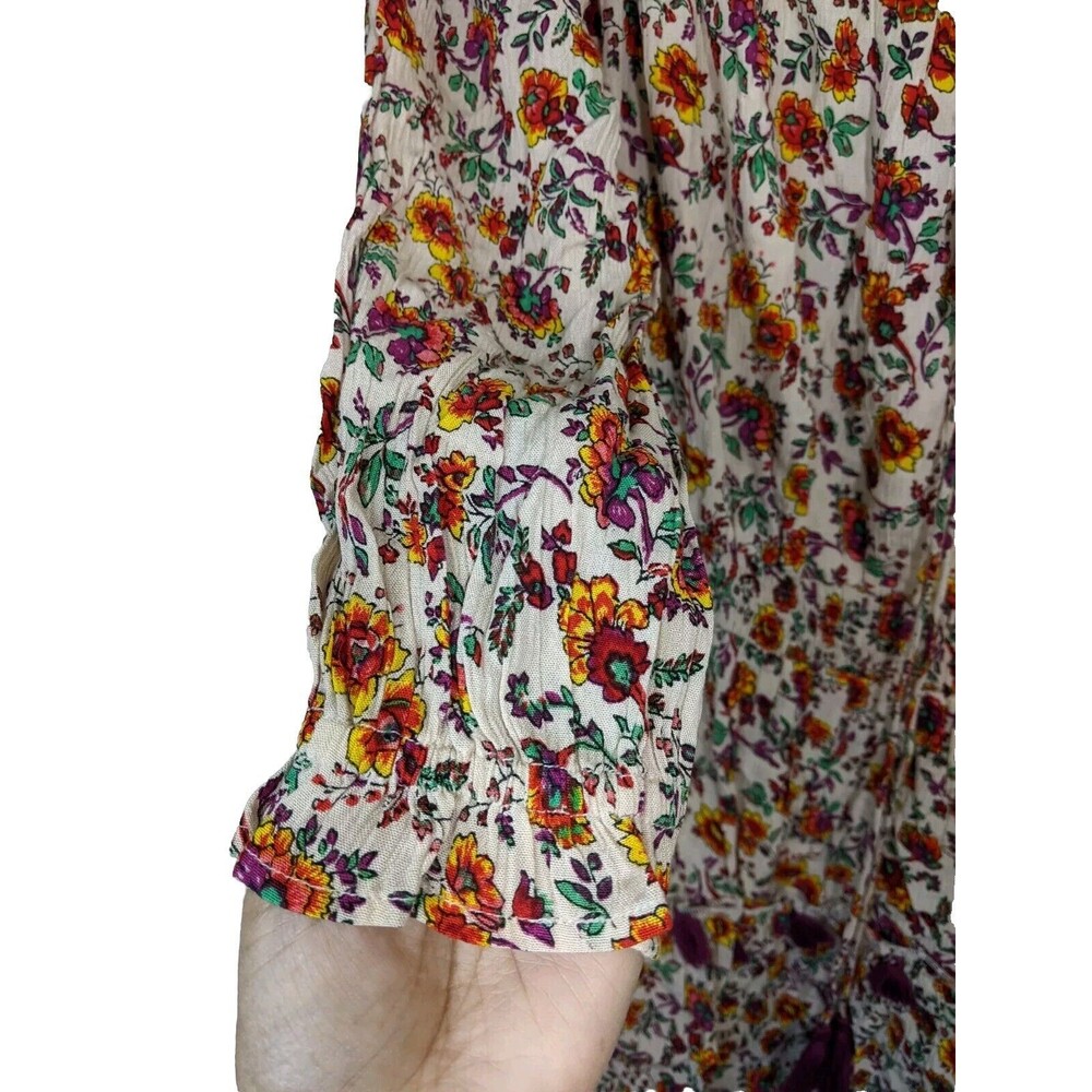 Raga Mini Tunic Dress Floral Tassel Shirred Bohemian Off Shoulder Size Small - Picture 8 of 11
